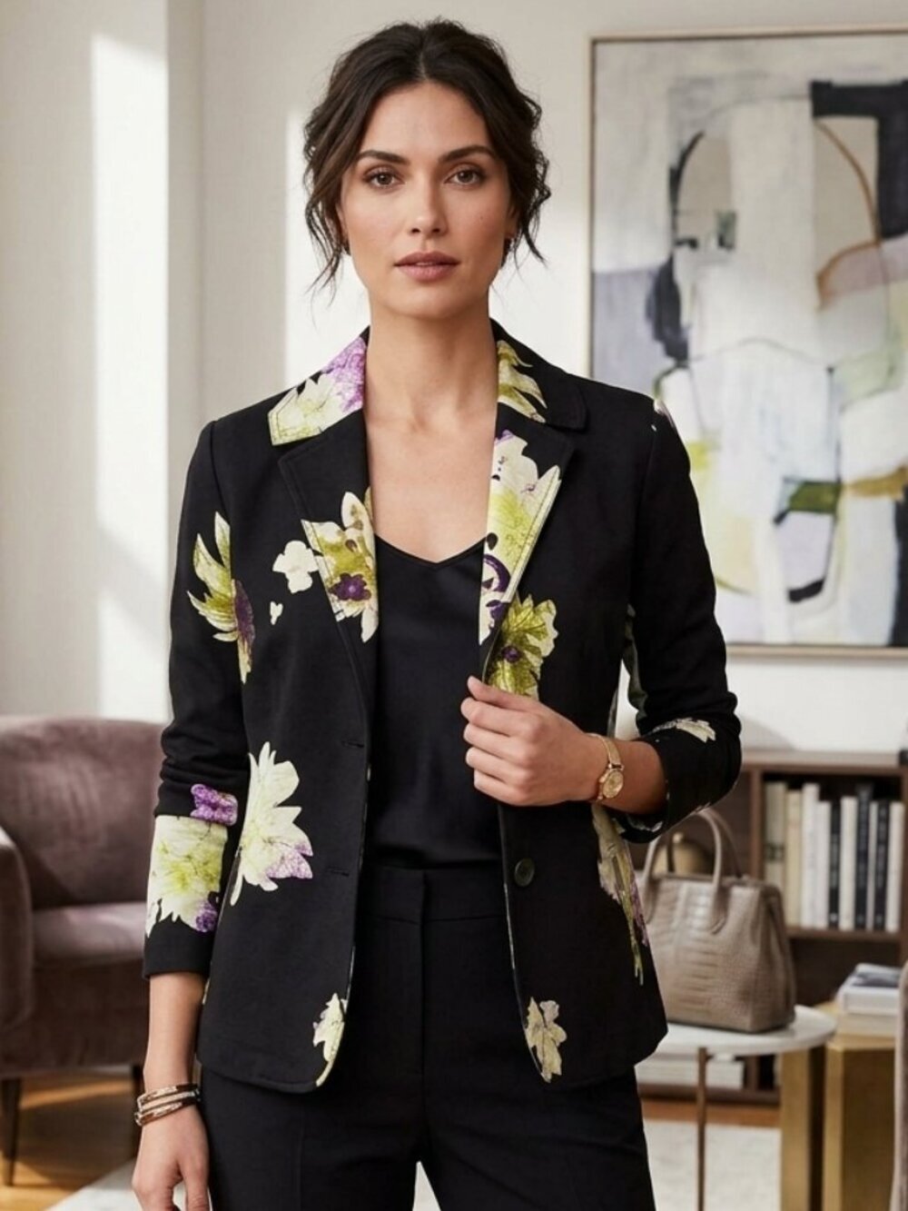 Coldwater Creek Jacket Floral Blazer Women's Size 4-6 Black Green Multicolor